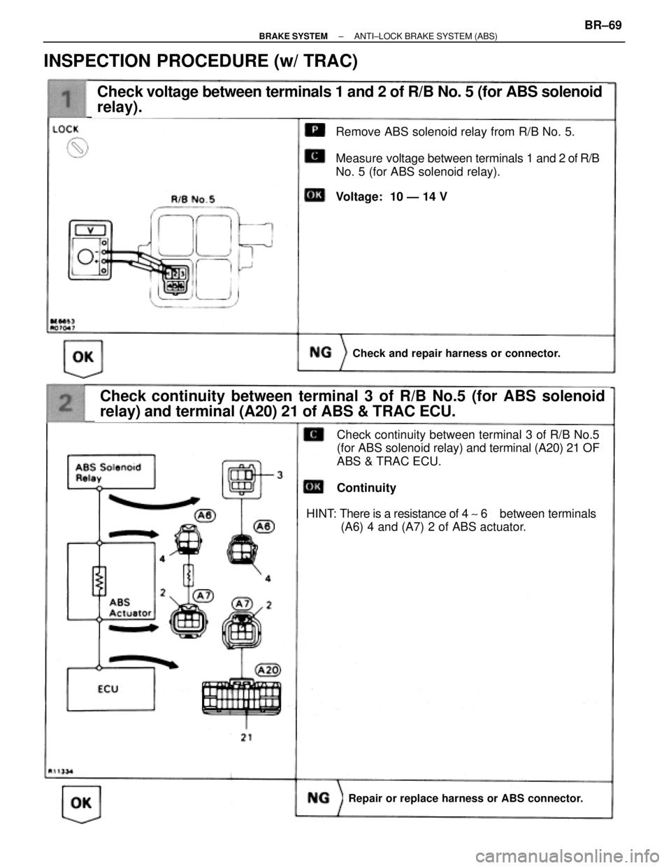 TOYOTA SUPRA 1995  Service Repair Manual Check voltage between terminals 1 and 2 of R/B No. 5 (for ABS solenoid
relay).
Check continuity between terminal 3 of R/B No.5 (for ABS solenoid
relay) and terminal (A20) 21 of ABS & TRAC ECU.
Check a