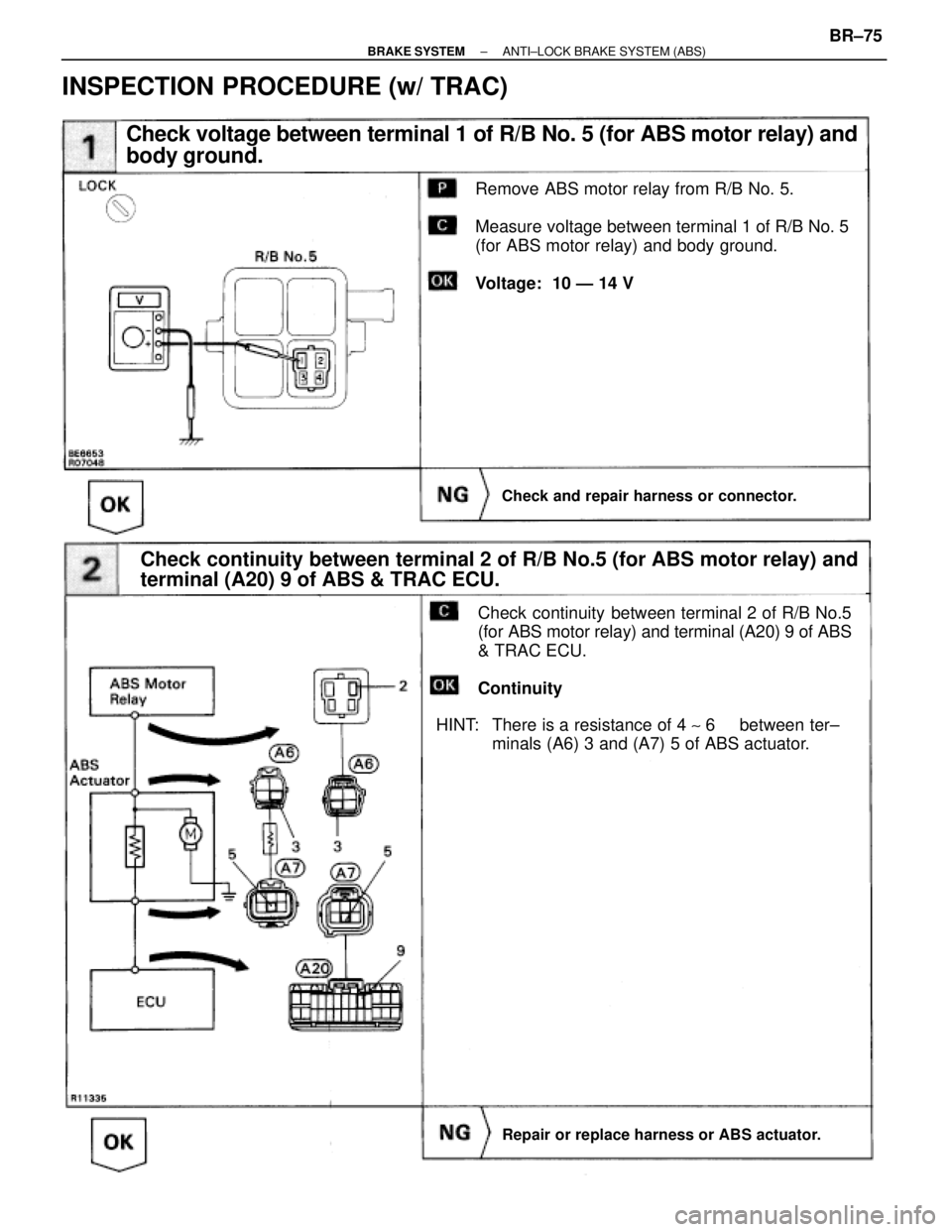 TOYOTA SUPRA 1995  Service Repair Manual Remove ABS motor relay from R/B No. 5.
Measure voltage between terminal 1 of R/B No. 5
(for ABS motor relay) and body ground.
Voltage:  10 Ð 14 V
Check voltage between terminal 1 of R/B No. 5 (for AB