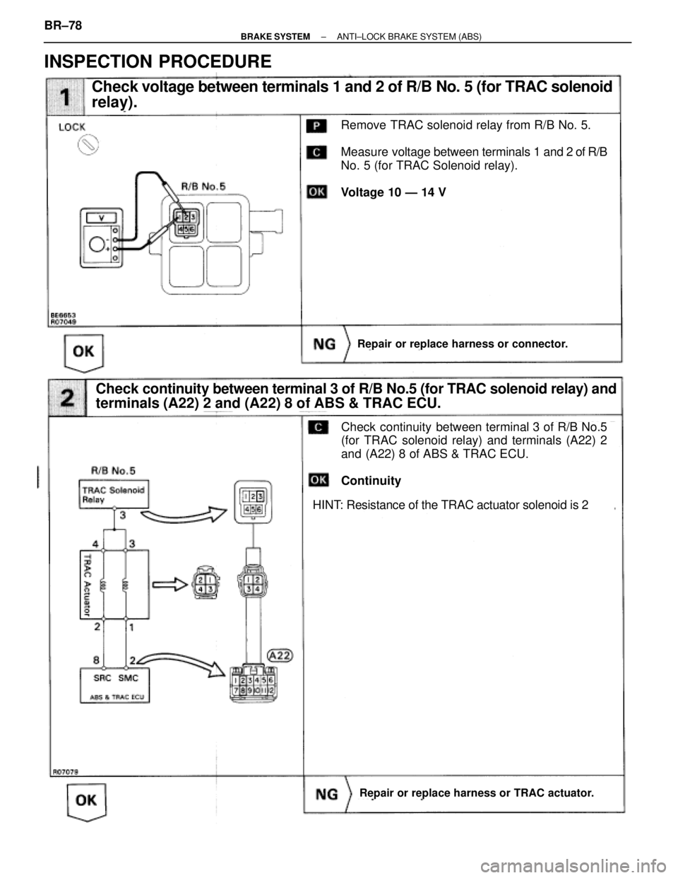 TOYOTA SUPRA 1995  Service Repair Manual Remove TRAC solenoid relay from R/B No. 5.
Measure voltage between terminals 1 and 2 of R/B
No. 5 (for TRAC Solenoid relay).
Voltage 10 Ð 14 V
Check voltage between terminals 1 and 2 of R/B No. 5 (fo