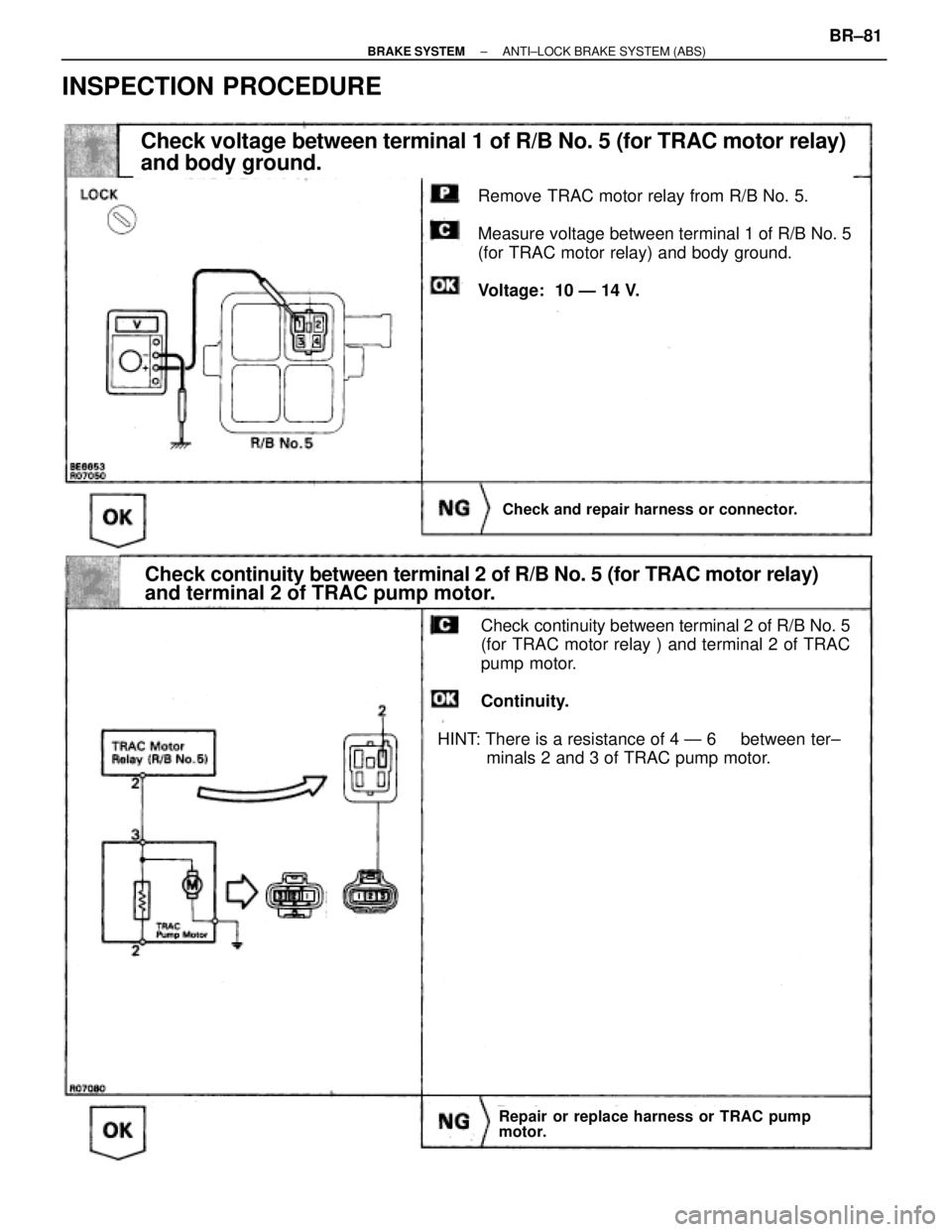TOYOTA SUPRA 1995  Service Repair Manual INSPECTION PROCEDURE
± BRAKE SYSTEMANTI±LOCK BRAKE SYSTEM (ABS)BR±81
Check voltage between terminal 1 of R/B No. 5 (for TRAC motor relay)
and body ground.
Remove TRAC motor relay from R/B No. 5.
Me