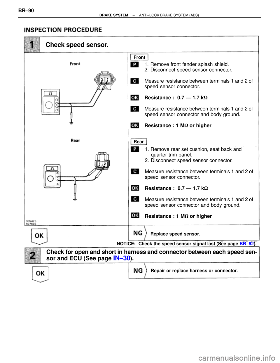 TOYOTA SUPRA 1995  Service Repair Manual Check speed sensor.
Replace speed sensor.
Repair or replace harness or connector.
Check for open and short in harness and connector between each speed sen-
sor and ECU (See page 
IN±30).
NOTICE:  Che