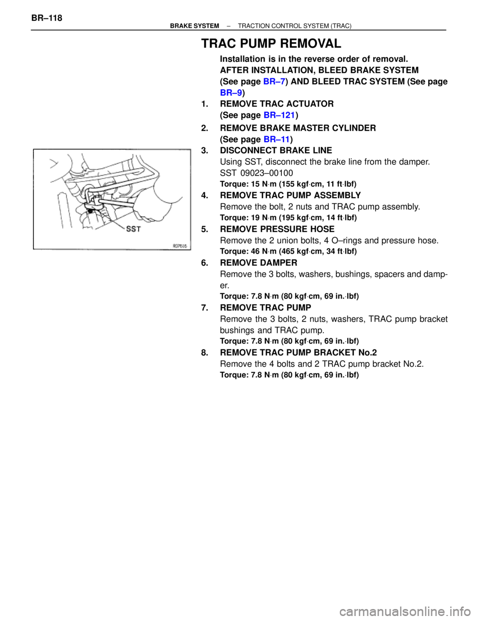 TOYOTA SUPRA 1995 Service Repair Manual TRAC PUMP REMOVAL
Installation is in the reverse order of removal.
AFTER INSTALLATION, BLEED BRAKE SYSTEM
(See page BR±7) AND BLEED TRAC SYSTEM (See page
BR±9)
1. REMOVE TRAC ACTUATOR
(See page BR TOYOTA SUPRA 1995 Service Repair Manual TRAC PUMP REMOVAL
Installation is in the reverse order of removal.
AFTER INSTALLATION, BLEED BRAKE SYSTEM
(See page BR±7) AND BLEED TRAC SYSTEM (See page
BR±9)
1. REMOVE TRAC ACTUATOR
(See page BR