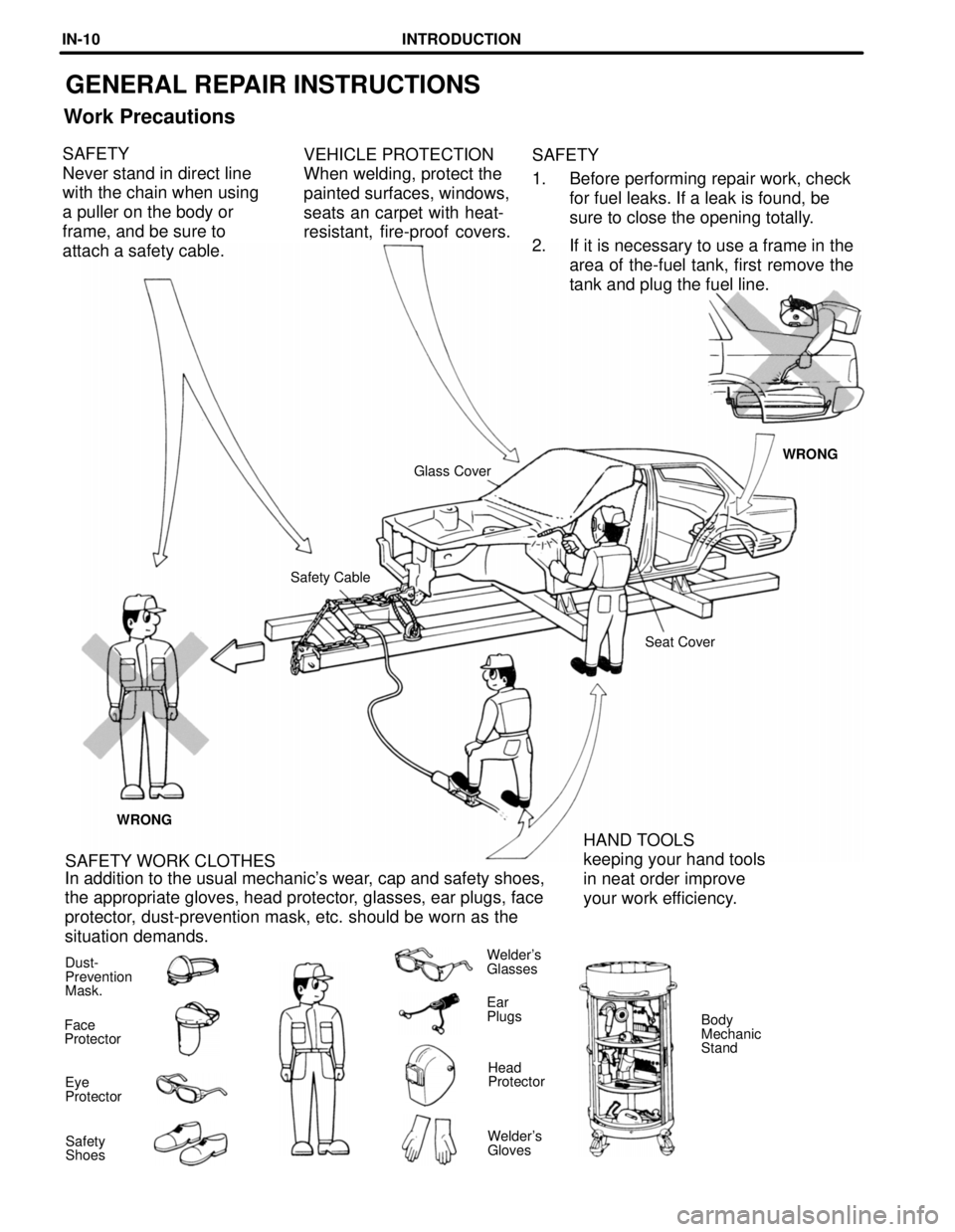 TOYOTA SUPRA 1997 Service Repair Manual GENERAL REPAIR INSTRUCTIONS
Work Precautions
VEHICLE PROTECTION
When welding, protect the
painted surfaces, windows,
seats an carpet with heat-
resistant, fire-proof covers.SAFETY
1. Before performing TOYOTA SUPRA 1997 Service Repair Manual GENERAL REPAIR INSTRUCTIONS
Work Precautions
VEHICLE PROTECTION
When welding, protect the
painted surfaces, windows,
seats an carpet with heat-
resistant, fire-proof covers.SAFETY
1. Before performing