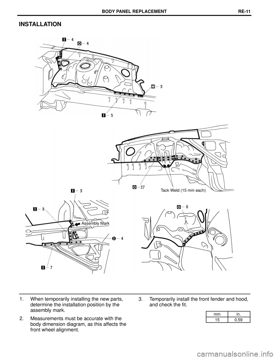 TOYOTA SUPRA 1997  Service Repair Manual mm in.
15 0.59 Assembly Mark
INSTALLATION
Tack Weld (15 mm each)
3. Temporarily install the front fender and hood,
and check the fit. 1. When temporarily installing the new parts,
determine the instal
