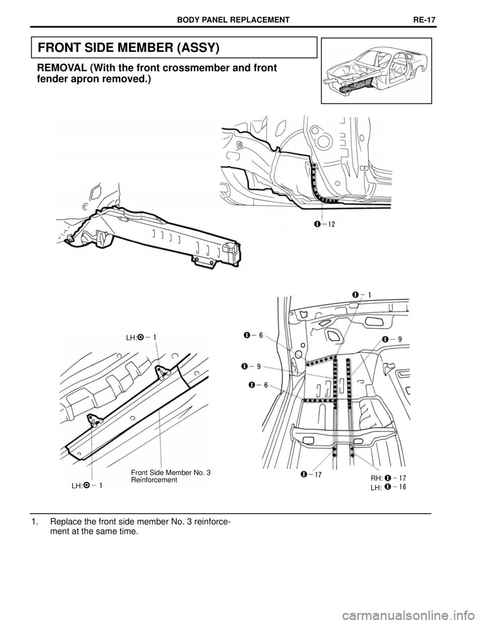 TOYOTA SUPRA 1997  Service Repair Manual FRONT SIDE MEMBER (ASSY)
REMOVAL (With the front crossmember and front
fender apron removed.)
LH:
Front Side Member No. 3
Reinforcement
LH:RH:
LH:
1. Replace the front side member No. 3 reinforce-
men