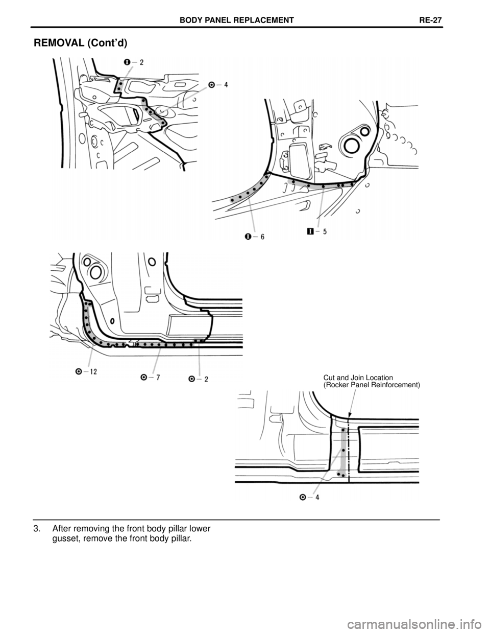TOYOTA SUPRA 1997  Service Repair Manual REMOVAL (Contd)
Cut and Join Location
(Rocker Panel Reinforcement)
3. After removing the front body pillar lower
gusset, remove the front body pillar.
BODY PANEL REPLACEMENTRE-27 