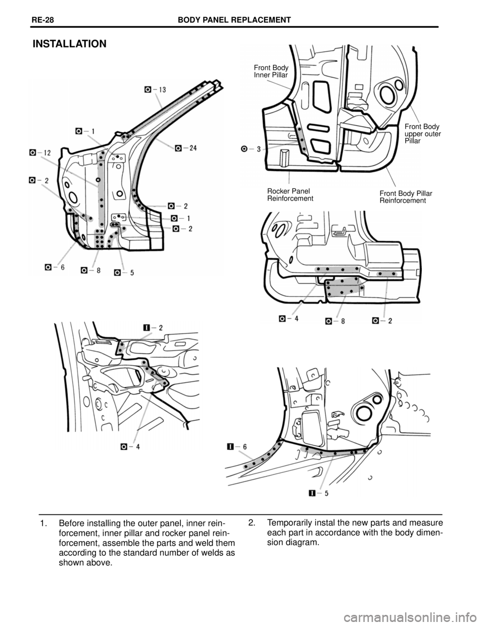 TOYOTA SUPRA 1997  Service Repair Manual 1. Before installing the outer panel, inner rein-
forcement, inner pillar and rocker panel rein-
forcement, assemble the parts and weld them
according to the standard number of welds as
shown above.
I