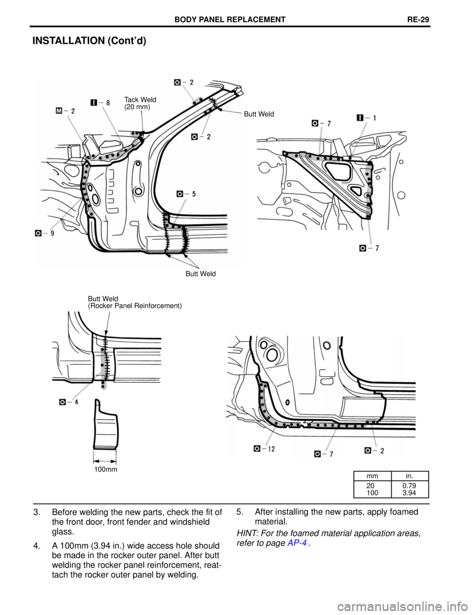 TOYOTA SUPRA 1997  Service Repair Manual mm in.
20
1000.79
3.94
3. Before welding the new parts, check the fit of
the front door, front fender and windshield
glass.
4. A 100mm (3.94 in.) wide access hole should
be made in the rocker outer pa
