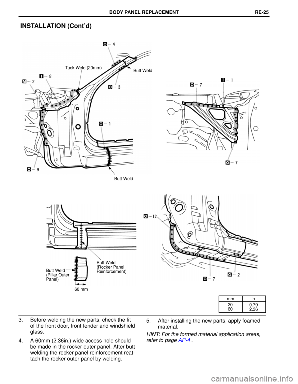 TOYOTA SUPRA 1997  Service Repair Manual mm in.
20
600.79
2.36
3. Before welding the new parts, check the fit
of the front door, front fender and windshield
glass.
4. A 60mm (2.36in.) wide access hole should
be made in the rocker outer panel