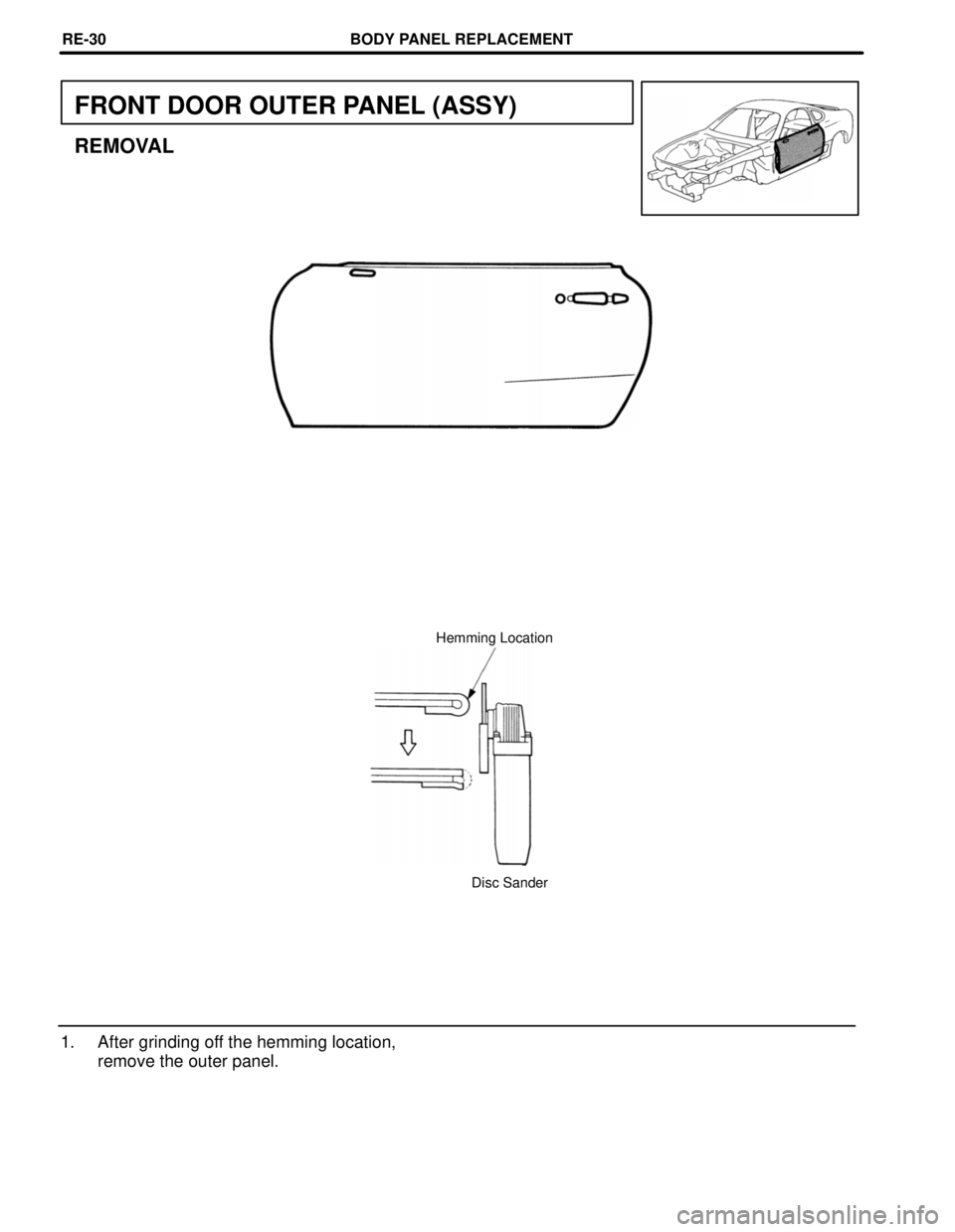 TOYOTA SUPRA 1997  Service Repair Manual FRONT DOOR OUTER PANEL (ASSY)
REMOVAL
Hemming Location
Disc Sander
1. After grinding off the hemming location,
remove the outer panel.
BODY PANEL REPLACEMENTRE-30 