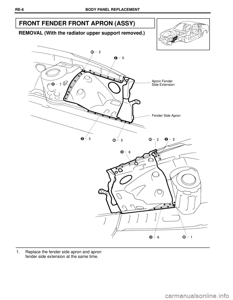 TOYOTA SUPRA 1997  Service Repair Manual FRONT FENDER FRONT APRON (ASSY)
REMOVAL (With the radiator upper support removed.)
Apron Fender
Side Extension
Fender Side Apron
1. Replace the fender side apron and apron
fender side extension at the