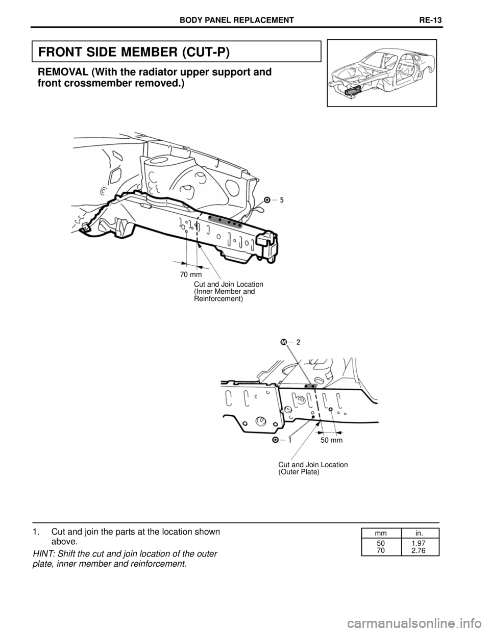 TOYOTA SUPRA 1997  Service Repair Manual mm in.
50
701.97
2.76
FRONT SIDE MEMBER (CUT-P)
REMOVAL (With the radiator upper support and
front crossmember removed.)
70 mm
Cut and Join Location
(Inner Member and
Reinforcement)
50 mm
Cut and Join