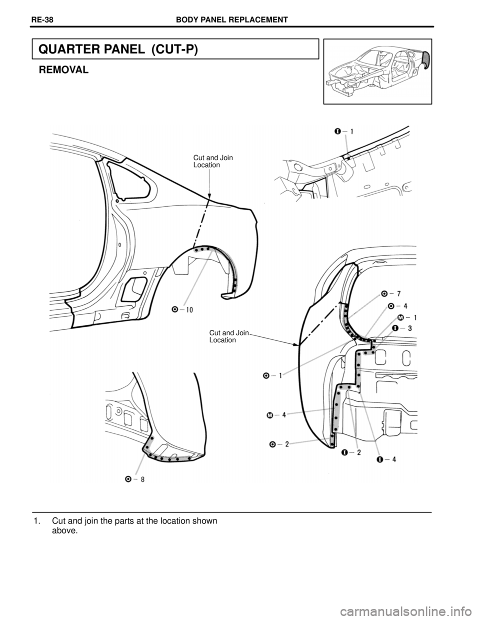 TOYOTA SUPRA 1997  Service Repair Manual QUARTER PANEL  (CUT-P)
REMOVAL
Cut and Join
Location
Cut and Join
Location
1. Cut and join the parts at the location shown
above.
BODY PANEL REPLACEMENTRE-38 