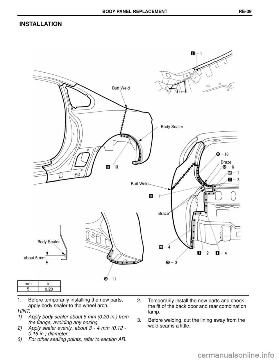 TOYOTA SUPRA 1997  Service Repair Manual mm in.
5
0.20
2. Temporarily install the new parts and check
the fit of the back door and rear combination
lamp.
3. Before welding, cut the lining away from the
weld seams a little.
INSTALLATION
Butt 