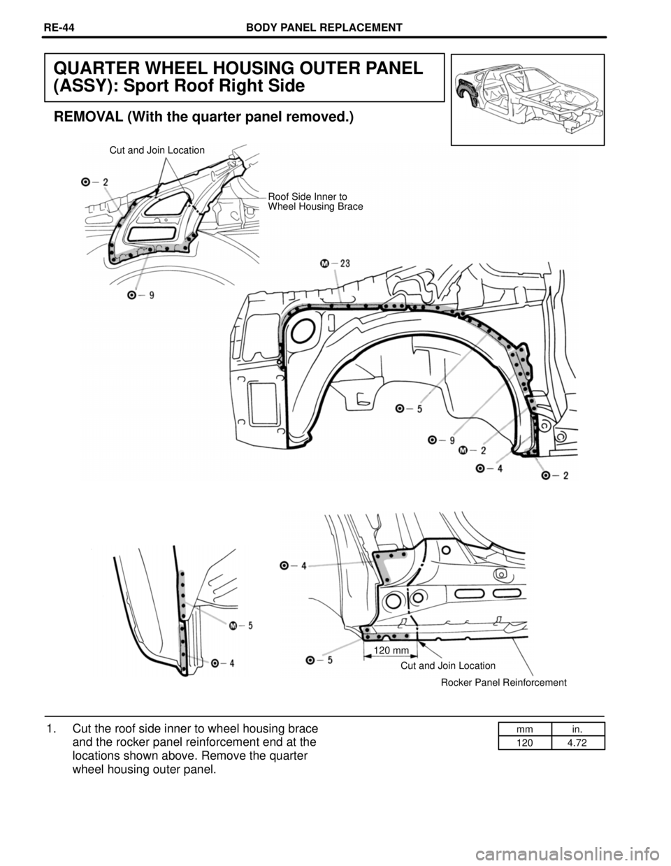 TOYOTA SUPRA 1997  Service Repair Manual mm in.
120 4.72
QUARTER WHEEL HOUSING OUTER PANEL
(ASSY): Sport Roof Right Side
REMOVAL (With the quarter panel removed.)
Cut and Join Location
Roof Side Inner to
Wheel Housing Brace
120 mm
Cut and Jo