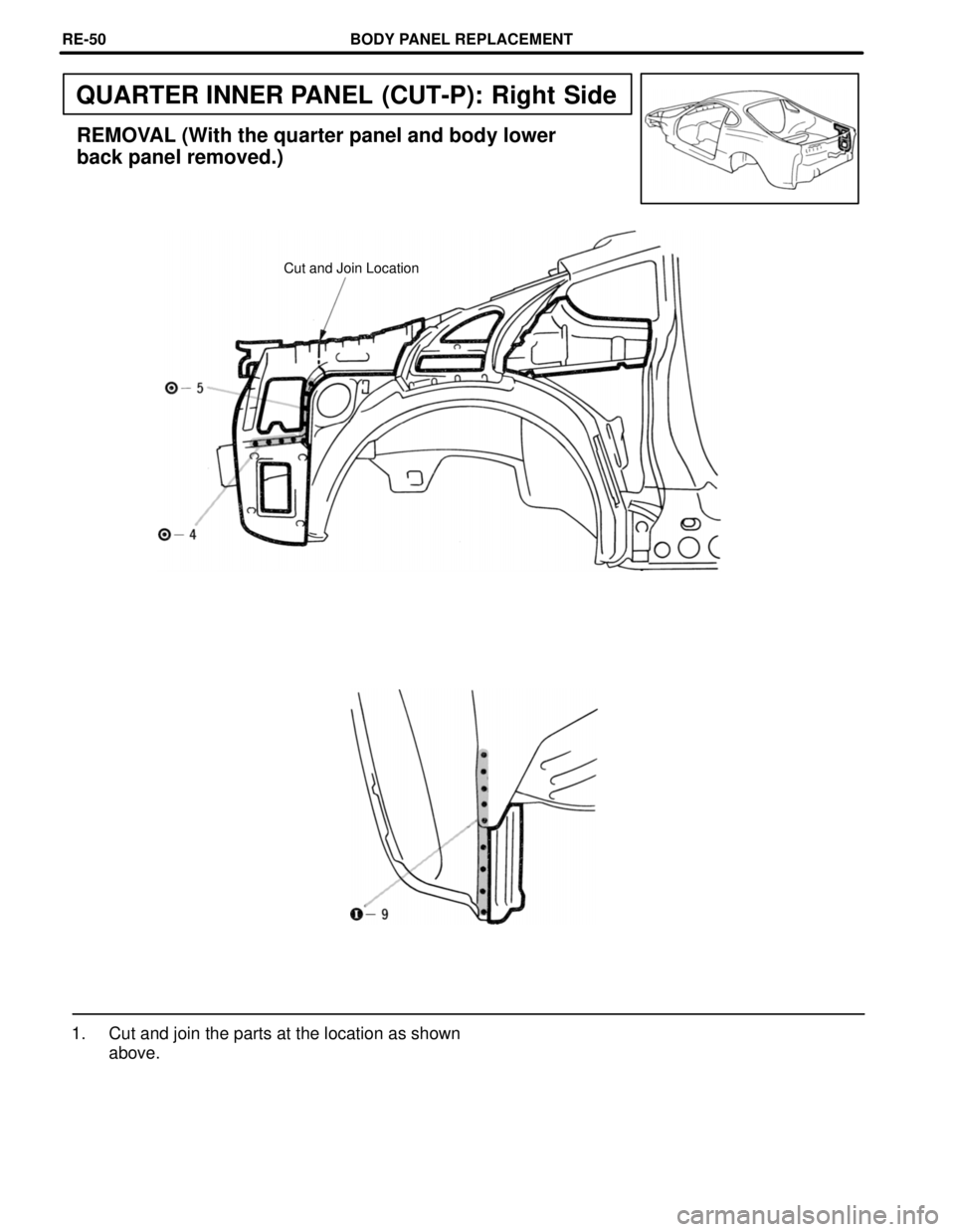 TOYOTA SUPRA 1997  Service Repair Manual QUARTER INNER PANEL (CUT-P): Right Side
REMOVAL (With the quarter panel and body lower
back panel removed.)
Cut and Join Location
1. Cut and join the parts at the location as shown
above.
BODY PANEL R