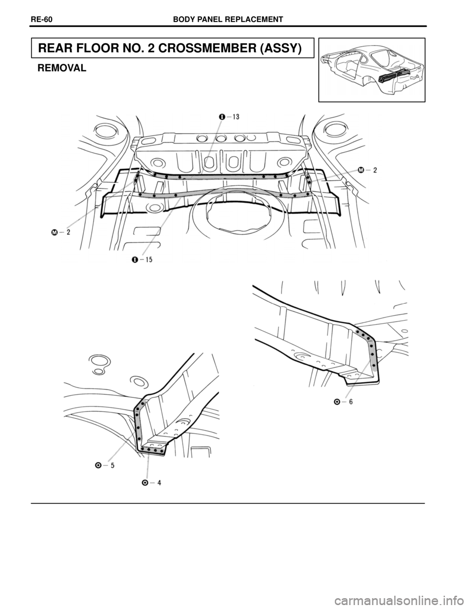 TOYOTA SUPRA 1997  Service Repair Manual REAR FLOOR NO. 2 CROSSMEMBER (ASSY)
REMOVAL
BODY PANEL REPLACEMENTRE-60 