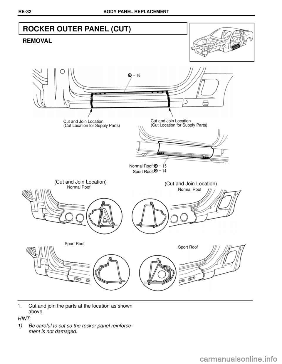 TOYOTA SUPRA 1997  Service Repair Manual ROCKER OUTER PANEL (CUT)
REMOVAL
Cut and Join Location
(Cut Location for Supply Parts)Cut and Join Location
(Cut Location for Supply Parts)
Normal Roof:
Sport Roof:
(Cut and Join Location) (Cut and Jo