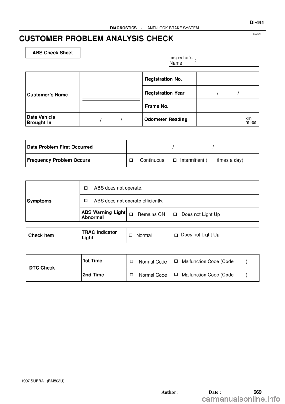 TOYOTA SUPRA 1997  Service Repair Manual DI4V5-01
ABS Check Sheet
Inspector s
Name:
Customer s Name
Date Vehicle
Brought InRegistration Year Registration No.
Frame No.
Odometer Reading/              /
/              /
Date Problem First Oc