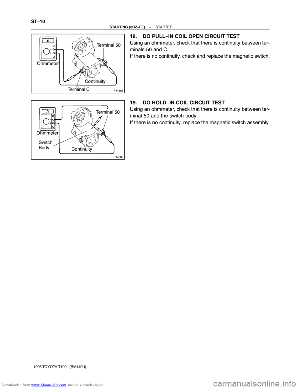TOYOTA T100 1996  Factory Service Manual Downloaded from www.Manualslib.com manuals search engine P14888
Ohmmeter
Terminal CTerminal 50
Continuity
P14889
Ohmmeter
Terminal 50
Continuity Switch
Body
ST−10
− STARTING (3RZ−FE)STARTER
1996