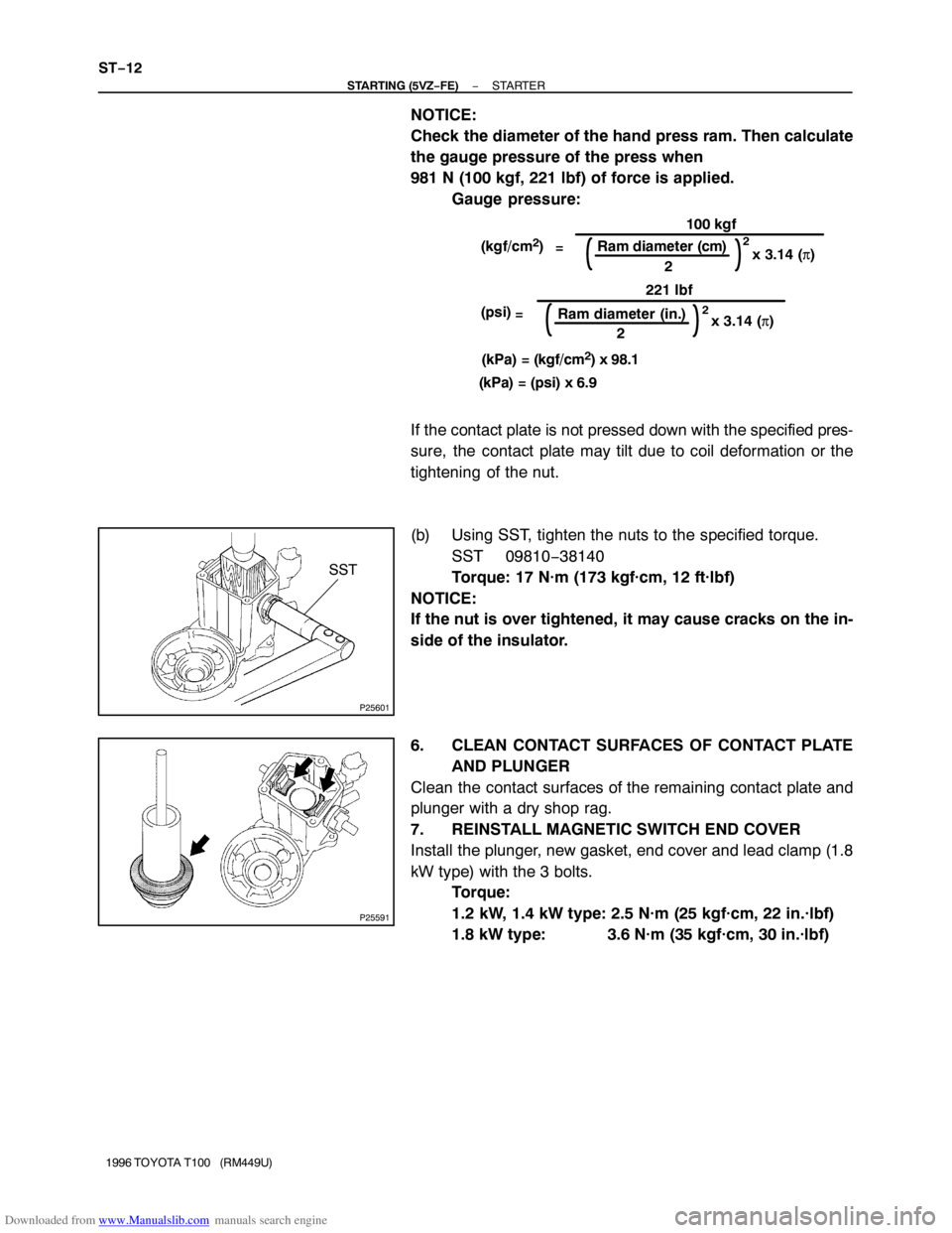 TOYOTA T100 1996 Factory Service Manual Downloaded from www.Manualslib.com manuals search engine (kgf/cm2)
=
100 kgf
Ram diameter (cm)
2
2
2Ram diameter (in.) (psi)
=
x 3.14 (π) x 3.14 (π)
2
(kPa) = (kgf/cm
2) x 98.1
(kPa) = (psi) x 6.922 TOYOTA T100 1996 Factory Service Manual Downloaded from www.Manualslib.com manuals search engine (kgf/cm2)
=
100 kgf
Ram diameter (cm)
2
2
2Ram diameter (in.) (psi)
=
x 3.14 (π) x 3.14 (π)
2
(kPa) = (kgf/cm
2) x 98.1
(kPa) = (psi) x 6.922