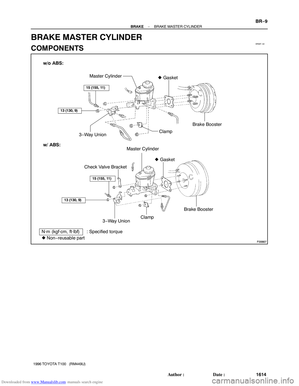 TOYOTA T100 1996  Factory Service Manual Downloaded from www.Manualslib.com manuals search engine BR08T−02
F00667
F00667
w/o ABS:
w/ ABS:Master Cylinder
3−Way UnionBrake Booster  Gasket
Clamp
 Non−reusable partCheck Valve Bracket Ga
