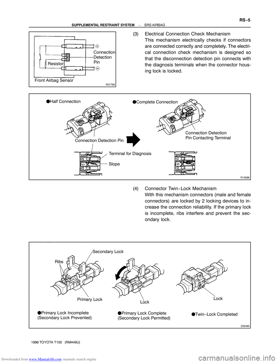 TOYOTA T100 1996 Factory Service Manual Downloaded from www.Manualslib.com manuals search engine R07799
Connection
Detection
Pin
Resistor
Front Airbag Sensor
R10586
Connection Detection Pin
Terminal for Diagnosis
SlopeConnection Detection
P TOYOTA T100 1996 Factory Service Manual Downloaded from www.Manualslib.com manuals search engine R07799
Connection
Detection
Pin
Resistor
Front Airbag Sensor
R10586
Connection Detection Pin
Terminal for Diagnosis
SlopeConnection Detection
P