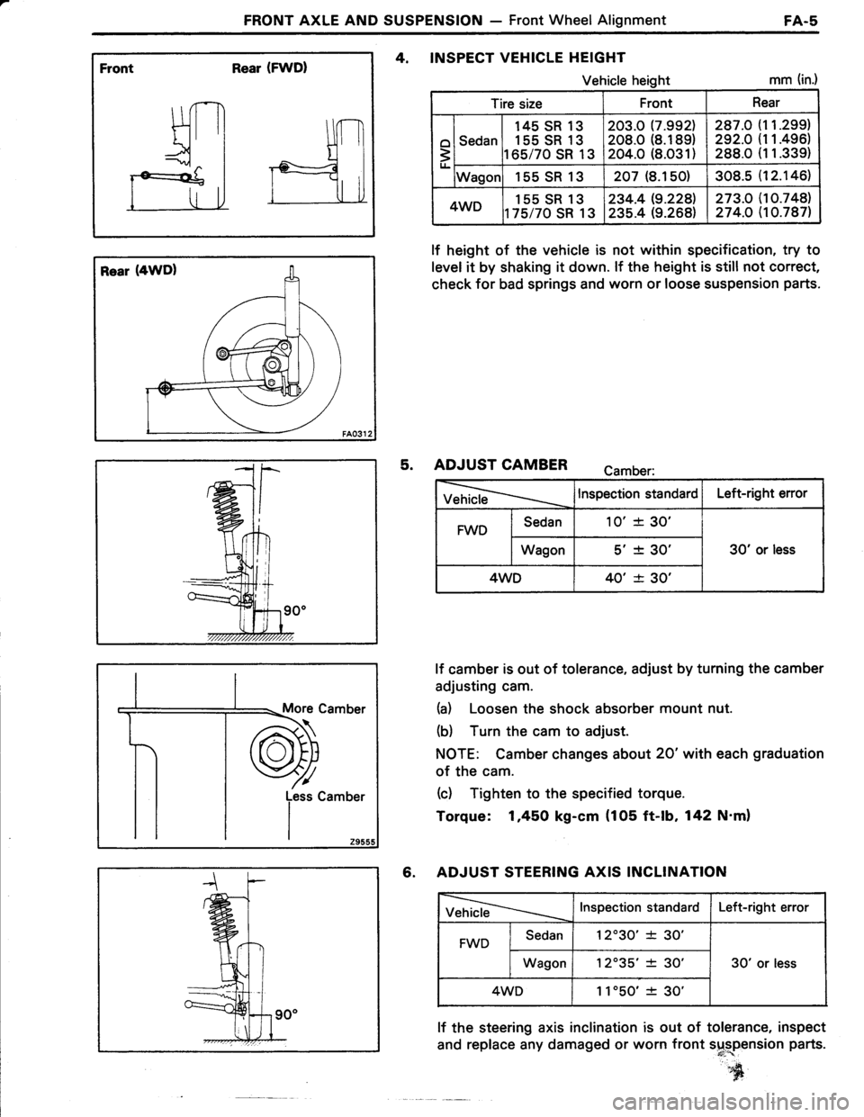 TOYOTA TERCEL 1985 Repair Manual FRONT AXLE AND SUSPENSION - Front Wheel AlignmentFA-5
Front Rear (FWDI
Rear (4WD)
More Camber
4, INSPECT VEHICLE HEIGHT
Vehicle heightmm (in.)
lf height of the vehicle is not within specification, try TOYOTA TERCEL 1985 Repair Manual FRONT AXLE AND SUSPENSION - Front Wheel AlignmentFA-5
Front Rear (FWDI
Rear (4WD)
More Camber
4, INSPECT VEHICLE HEIGHT
Vehicle heightmm (in.)
lf height of the vehicle is not within specification, try