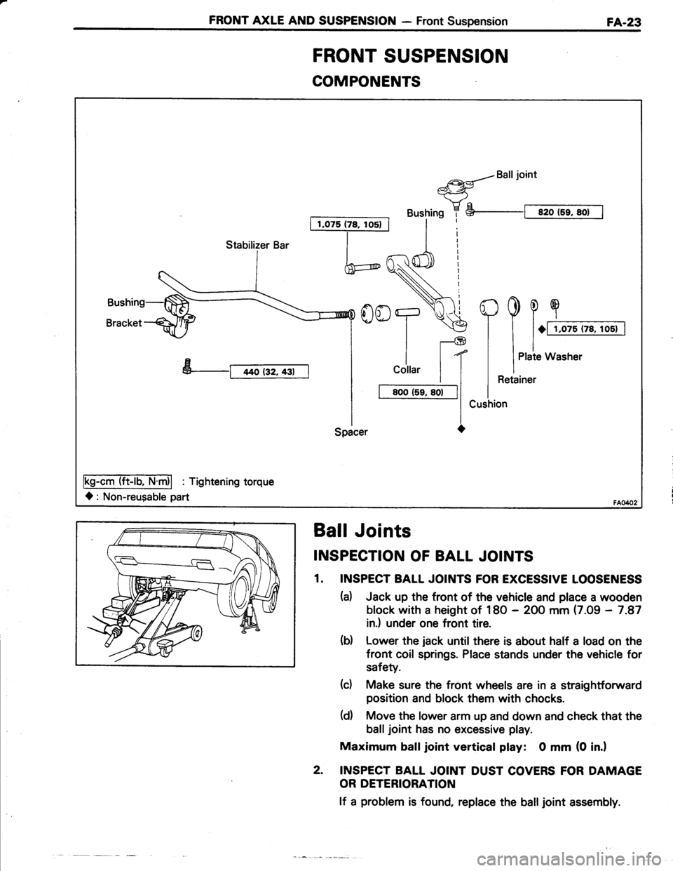 TOYOTA TERCEL 1985  Repair Manual FRONT AXLE AND SUSPENSION - Front SuspensionFA-23
COMPONENTS
I 1,075 (78, los) |
a{Balljoint*-<-ry"
Bushing 7 S--t sro (5r, sot I
h
YooT.\€
ll-@
| | t(
I 
cottar | |
I t BooCr, so-|l
l-lSpacer O
Fs-