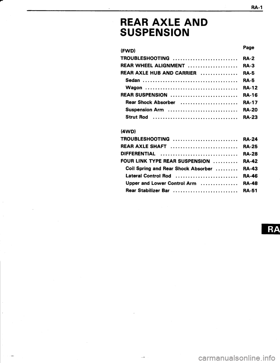 TOYOTA TERCEL 1985  Repair Manual RA.1
REAR AXLE AND
SUSPENSION
(FWD}
TROUBLESHOOTING
REAR WHEEL ALIGNMENT
REAR AXLE HUB AND CARRIER
Sedan
Wagon
REAR SUSPENSION
Rear Shock Absorber
Suspension Arm
Strut Rod
(4wD)
TROUBLESHOOTING
REAR A