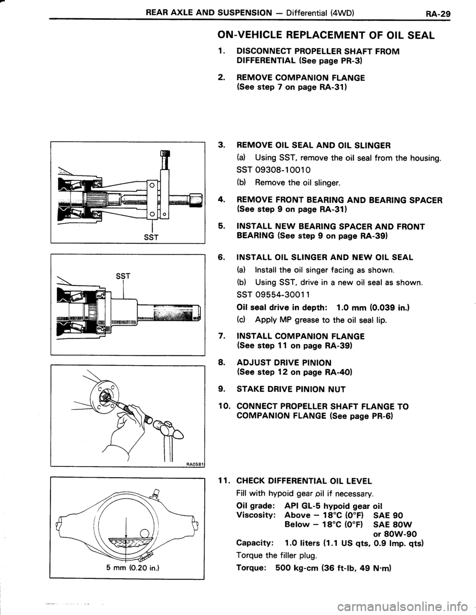 TOYOTA TERCEL 1985 Repair Manual REAR AXLE AND SUSPENSION - Differential (4WD)RA.29
SST
ON.VEHICLE REPLACEMENT OF OIL SEAL
1. DISCONNECT PROPELLER SHAFT FROM
DIFFERENTIAL (See page PR-3)
2. REMOVE COMPANION FLANGE(See step 7 on page TOYOTA TERCEL 1985 Repair Manual REAR AXLE AND SUSPENSION - Differential (4WD)RA.29
SST
ON.VEHICLE REPLACEMENT OF OIL SEAL
1. DISCONNECT PROPELLER SHAFT FROM
DIFFERENTIAL (See page PR-3)
2. REMOVE COMPANION FLANGE(See step 7 on page