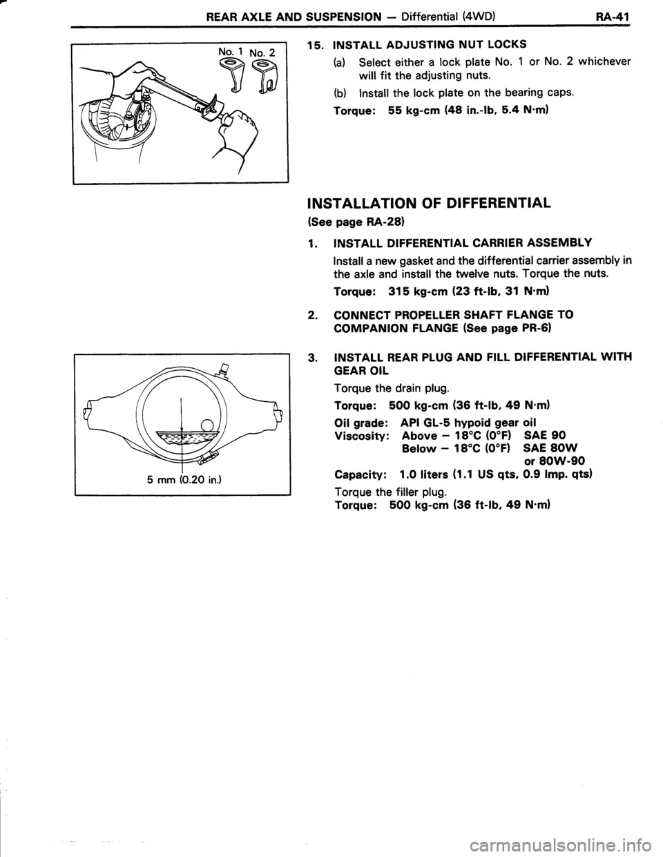 TOYOTA TERCEL 1985  Repair Manual REAR AXLE AND SUSPENSION - Differential (4WD)RA.41
15. INSTALL ADJUSTING NUT LOCKS
(a) Select either a lock plate No. 1 or No. 2 whichever
will fit the adjusting nuts.
(b) lnstall the lock plate on th