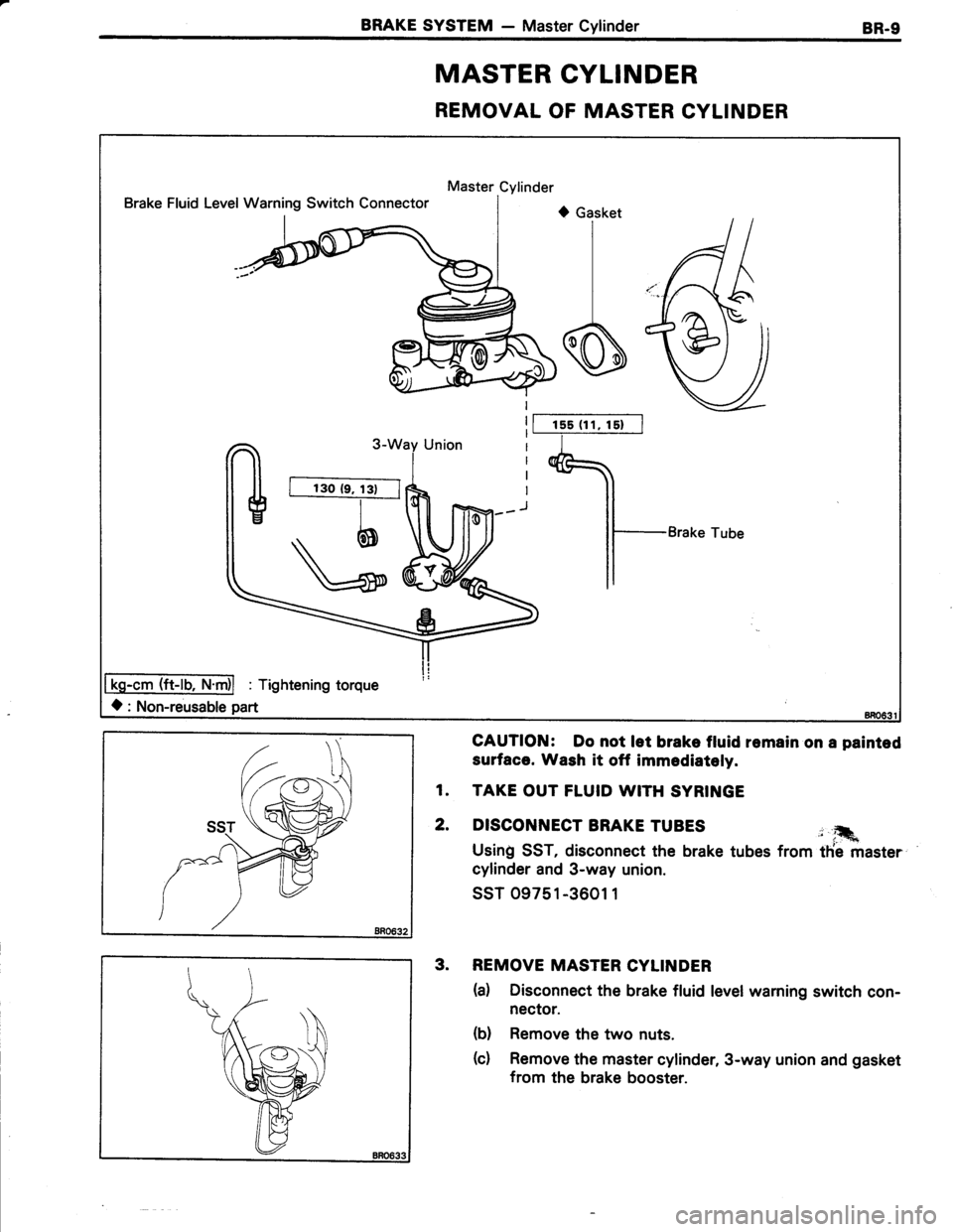 TOYOTA TERCEL 1985  Repair Manual BRAKE SYSTEM - Master CylinderBR-9
MASTER CYLINDER
REMOVAL OF MASTER CYLINDER
Master Cylinder
Brake Fluid LevelWarning Switch Connectort) Gasket
I
I
s
Brake Tube
-cm (ft-lb,
O: Non-reusable part
1s5 (