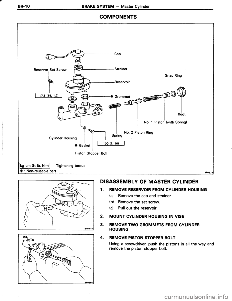 TOYOTA TERCEL 1985  Repair Manual aBR.lOBRAKE SYSTEM - Master Cylinder
COMPONENTS
Reservor Set Screw
I
F(
Ir
I rzt{rtaz-l
%-Reservoir 
I
9-.o
RN ryjbTry^?
Snap Ring
}N ryofltort""* | |-+)rlllsciot
| | 
*" 1 Piston (with SPring)
\p-l 