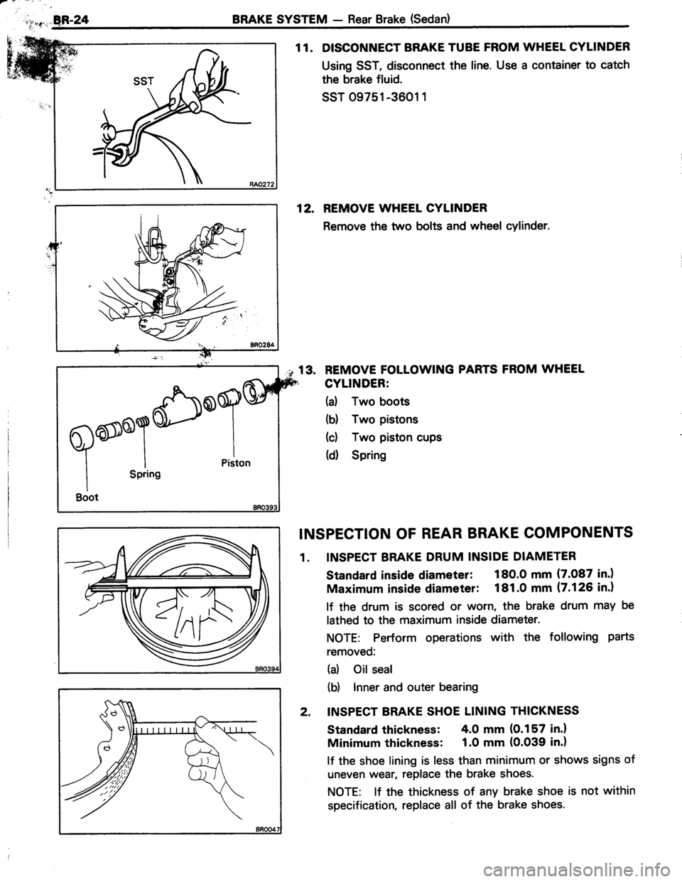 TOYOTA TERCEL 1985 Repair Manual .,ea-24BRAKE SYSTEM - Rear Brake (Sedan)
1 1. DISCONNECT BRAKE TUBE FROM WHEEL CYLINDER
Using SST, disconnect the line. Use a container to catch
the brake fluid.
ssr 09751-3601 1
12. REMOVE WHEET CYLI TOYOTA TERCEL 1985 Repair Manual .,ea-24BRAKE SYSTEM - Rear Brake (Sedan)
1 1. DISCONNECT BRAKE TUBE FROM WHEEL CYLINDER
Using SST, disconnect the line. Use a container to catch
the brake fluid.
ssr 09751-3601 1
12. REMOVE WHEET CYLI