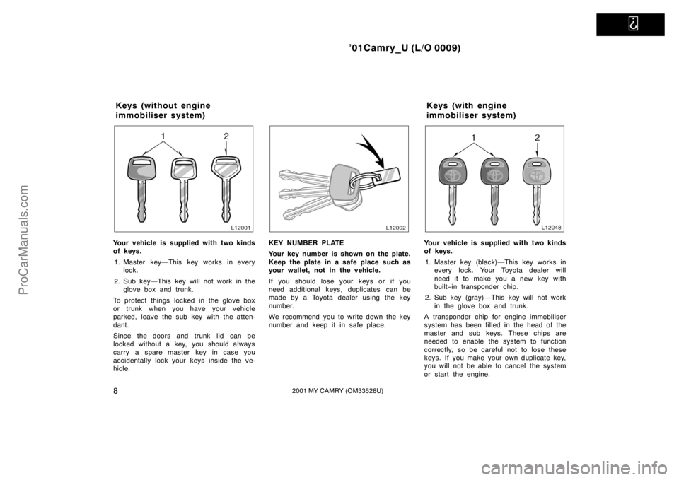 TOYOTA CAMRY 2001  Owners Manual   
’01Camry_U (L/O 0009)
82001 MY CAMRY (OM33528U)
Your vehicle is supplied with two kinds
of keys.
1. Master key—This key works in every
lock.
2. Sub key—This key will not work in the
glove box