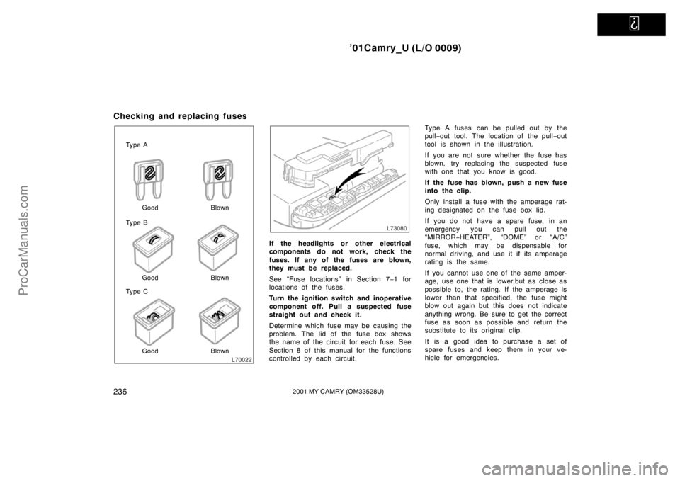 TOYOTA CAMRY 2001  Owners Manual   
’01Camry_U (L/O 0009)
2362001 MY CAMRY (OM33528U)
Checking and replacing fuses
Ty p e A
Ty p e B
Ty p e CGood Blown
Good Blown
Good Blown
If the headlights or  other electrical
components do not 