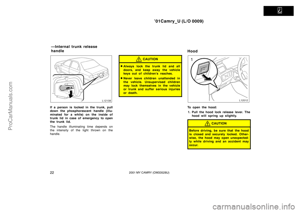 TOYOTA CAMRY 2001  Owners Manual   
’01Camry_U (L/O 0009)
222001 MY CAMRY (OM33528U)
If a person is locked in the trunk, pull
down the phosphorescent handle (illu-
minated for a while) on the inside of
trunk lid in case of emergenc