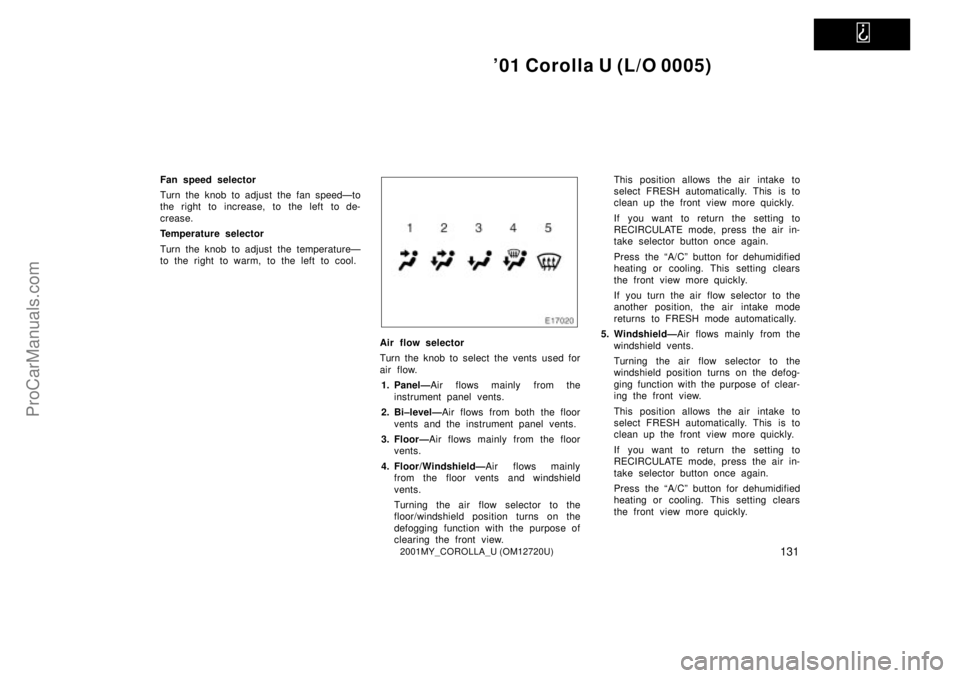 TOYOTA COROLLA 2001 Owners Manual
01 Corolla U (L/O 0005)
1312001MY_COROLLA_U (OM12720U)
Fan speed selector
Turn the knob to adjust the fan speedÐto
the right to increase, to the left to de-
crease.
Temperature selector
Turn the TOYOTA COROLLA 2001 Owners Manual
01 Corolla U (L/O 0005)
1312001MY_COROLLA_U (OM12720U)
Fan speed selector
Turn the knob to adjust the fan speedÐto
the right to increase, to the left to de-
crease.
Temperature selector
Turn the