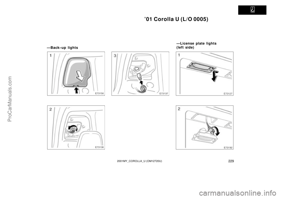 TOYOTA COROLLA 2001  Owners Manual   
01 Corolla U (L/O 0005)
2292001MY_COROLLA_U (OM12720U)
ÐBack±up lights
ÐLicense plate lights 
( lef t sid e)
ProCarManuals.com 