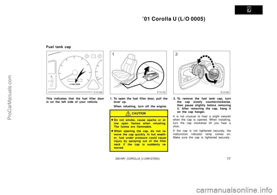 TOYOTA COROLLA 2001  Owners Manual   
01 Corolla U (L/O 0005)
172001MY_COROLLA_U (OM12720U)
Fuel tank cap
This indicates that the fuel filler door
is on the left side of your vehicle.1. To open the fuel filler door, pull the
lever up.