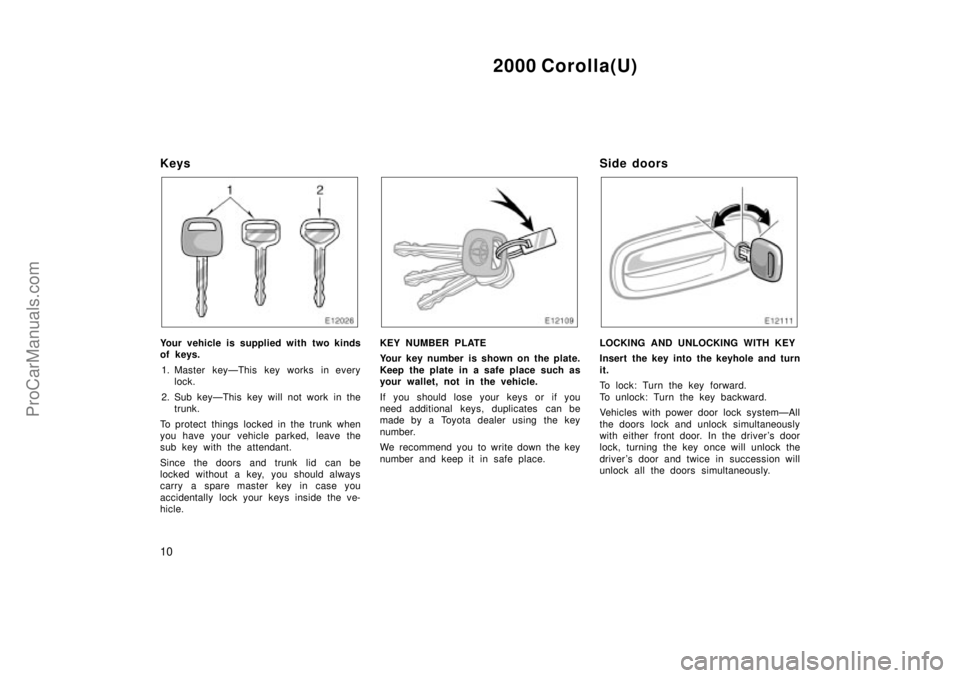 TOYOTA COROLLA 2000  Owners Manual 2000 Corolla(U)
10
Keys
Your vehicle is supplied with two kinds
of keys.
1. Master keyÐThis key works in every
lock.
2. Sub keyÐThis key will not work in the
trunk.
To protect things locked in the t