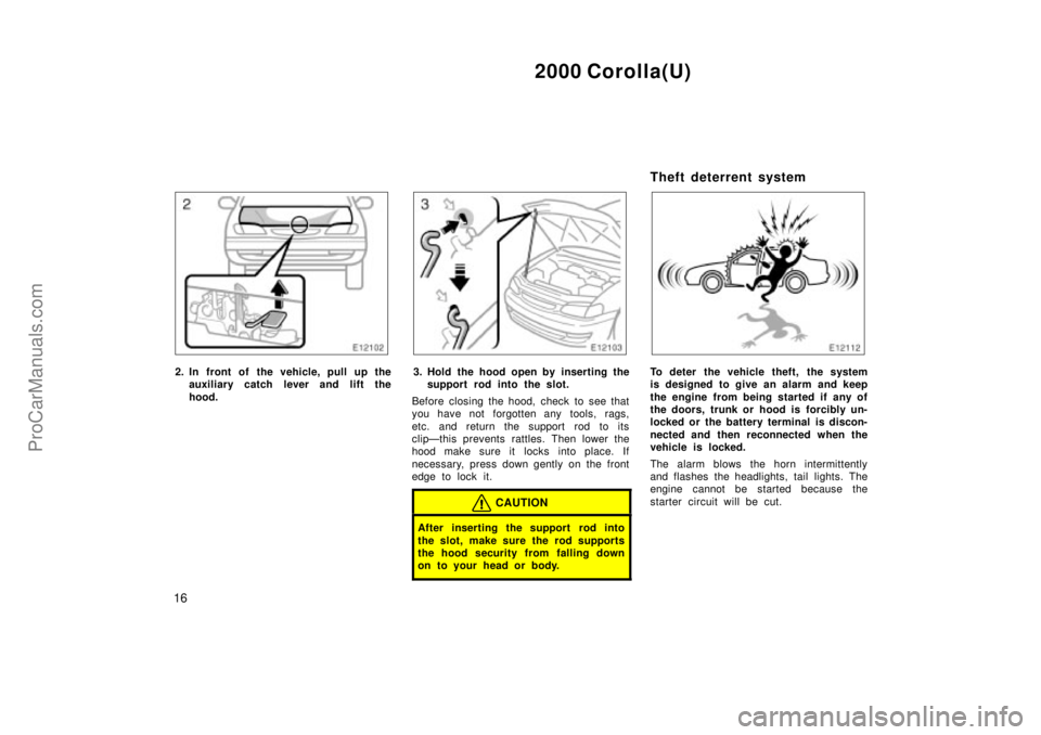 TOYOTA COROLLA 2000  Owners Manual 2000 Corolla(U)
16
2. In front of the vehicle, pull up the
auxiliary catch lever and lift the
hood.3. Hold the hood open by inserting the
support rod into the slot.
Before closing the hood, check to s
