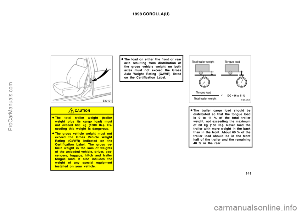 TOYOTA COROLLA 1998 Owners Manual 1998 COROLLA(U)
141
CAUTION
The total trailer weight (trailer
weight plus its cargo load) must
not exceed 680 kg (1500 lb.). Ex-
ceeding this weight is dangerous.
The gross vehicle weight must not
e TOYOTA COROLLA 1998 Owners Manual 1998 COROLLA(U)
141
CAUTION
The total trailer weight (trailer
weight plus its cargo load) must
not exceed 680 kg (1500 lb.). Ex-
ceeding this weight is dangerous.
The gross vehicle weight must not
e