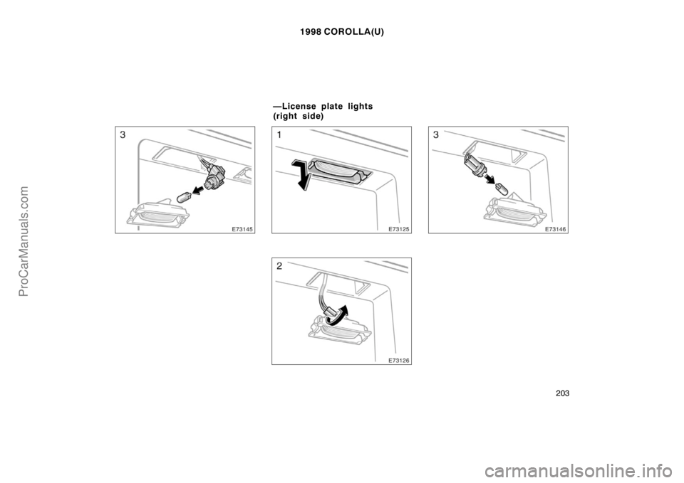 TOYOTA COROLLA 1998  Owners Manual 1998 COROLLA(U)
203
—License plate lights 
(right side)
ProCarManuals.com 