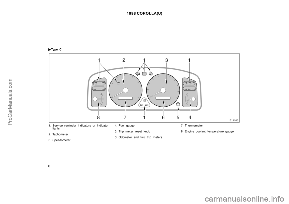 TOYOTA COROLLA 1998  Owners Manual 1998 COROLLA(U)
6
Ty p e  C
1. Service reminder indicators or indicator
lights
2. Tachometer
3. Speedometer4. Fuel gauge
5. Trip meter reset knob
6. Odometer and two trip meters7. Thermometer
8. Engi