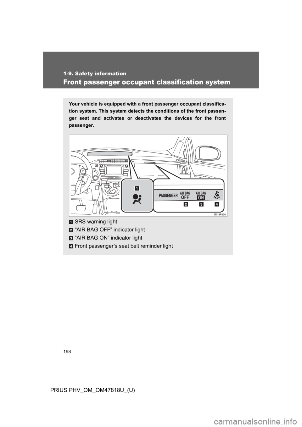 TOYOTA PRIUS PLUG-IN 2012  Owners Manual 198
1-9. Safety information
PRIUS PHV_OM_OM47818U_(U)
Fr ont passenger occupant classification system
Yo u r   v e h i c l e   i s   e q u i p p e d   w i t h   a   f r o n t   pa s s e n g e r   o c 