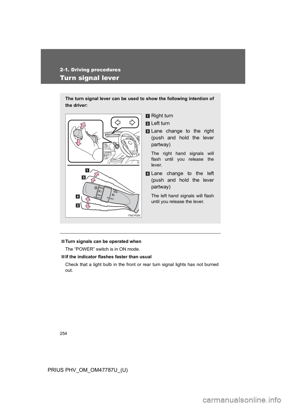 TOYOTA PRIUS PLUG-IN 2013  Owners Manual 254
2-1. Driving procedures
PRIUS PHV_OM_OM47787U_(U)
Tur n signal lever
■Tu r n   s i g n a l s   c a n   b e   o p e r a t e d   w h e n
The “POWER” switch is in ON mode.
■If the indicator f