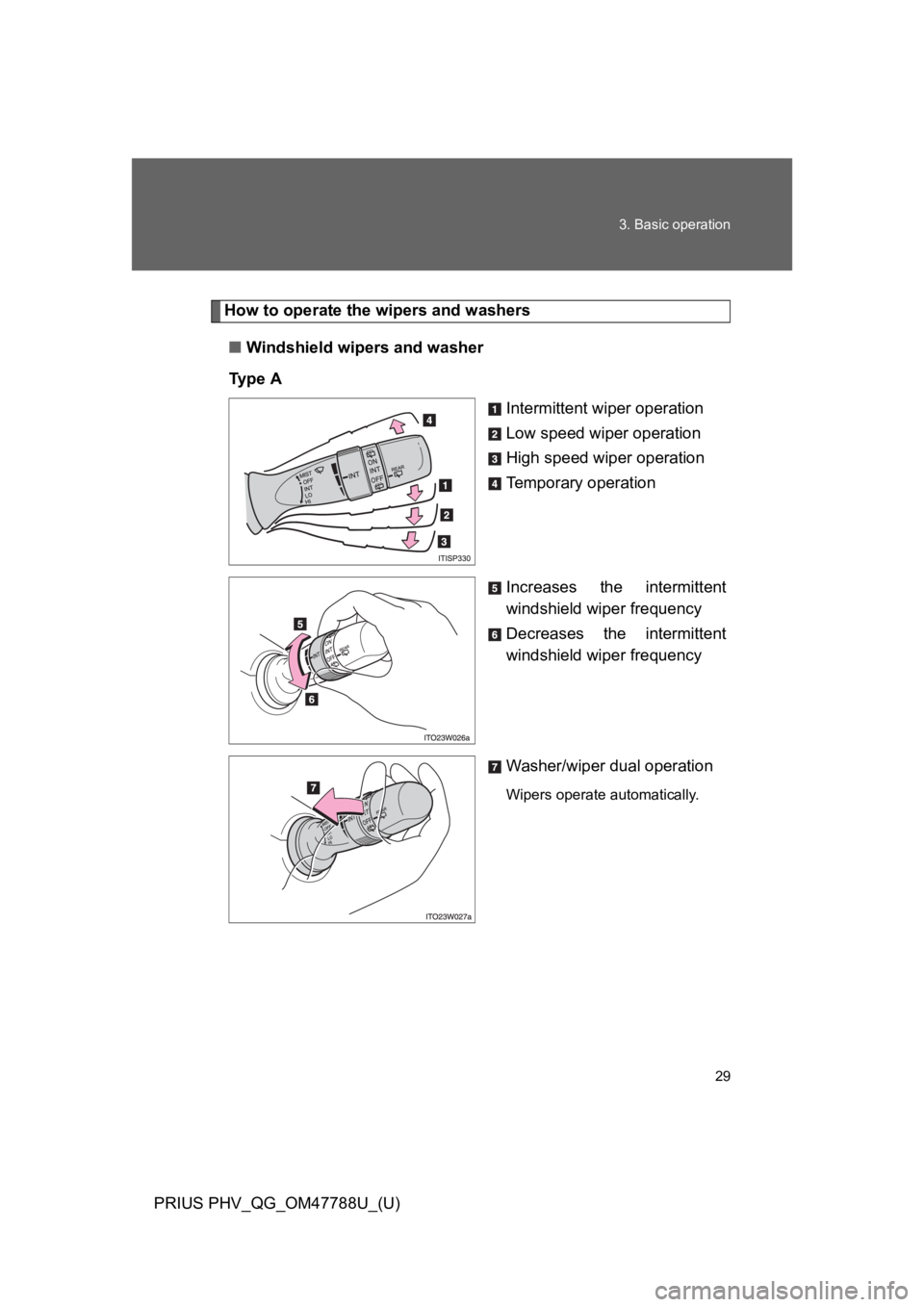 TOYOTA PRIUS PLUG-IN 2013  Owners Manual 29
3. Basic operation
PRIUS PHV_QG_OM47788U_(U)
How to operate the wipers and washers
■Windshield wipers and washer
Ty p e   A
Intermittent wiper operation
Low speed wiper operation
High speed wiper
