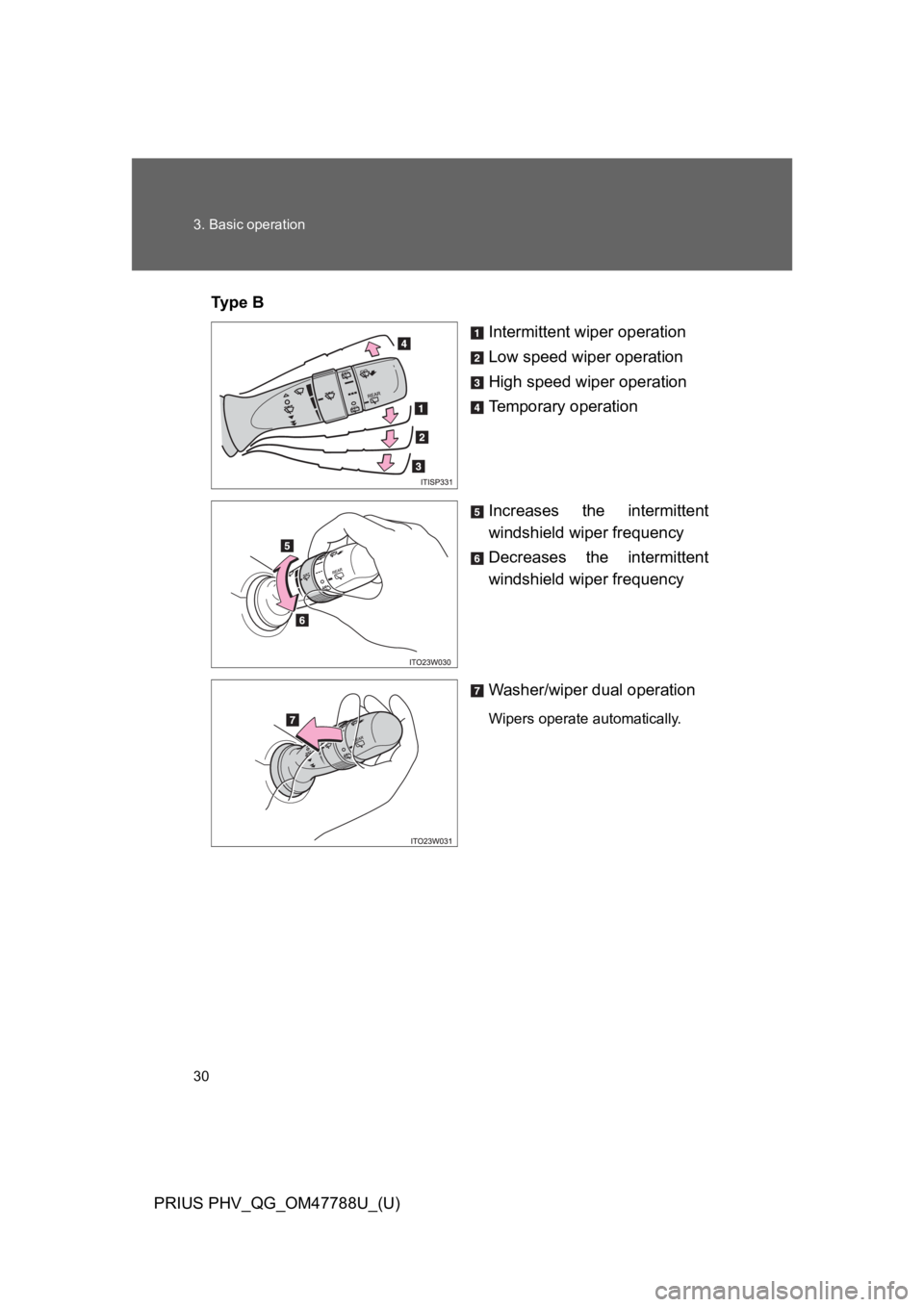 TOYOTA PRIUS PLUG-IN 2013  Owners Manual 30
3. Basic operation
PRIUS PHV_QG_OM47788U_(U)
Ty p e   B
Intermittent wiper operation
Low speed wiper operation
High speed wiper operation
Te m p o r a r y   o p e r a t i o n
Increases  the  interm